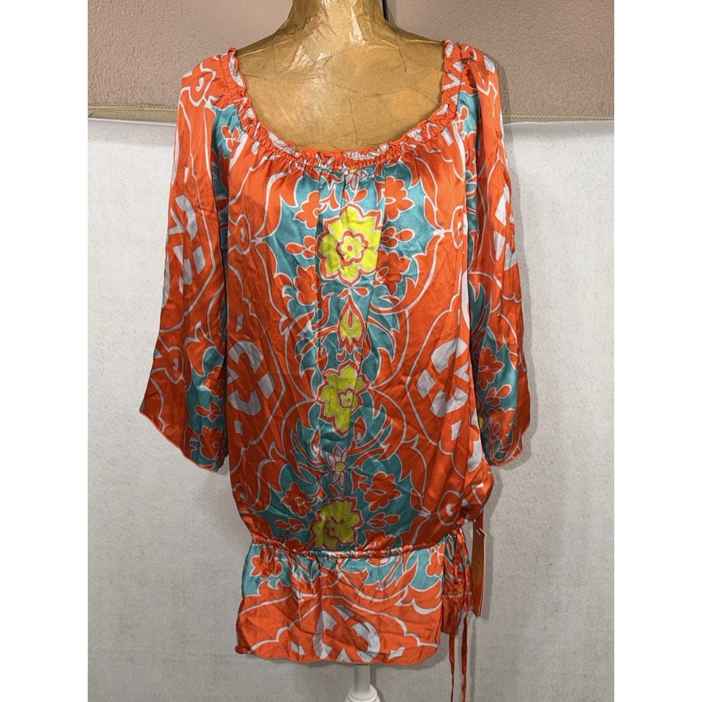 Hale Bob 100% Silk Floral Tropical On/Off Shoulder Cinch Waist Blouse Medium NWT - Picture 4 of 9